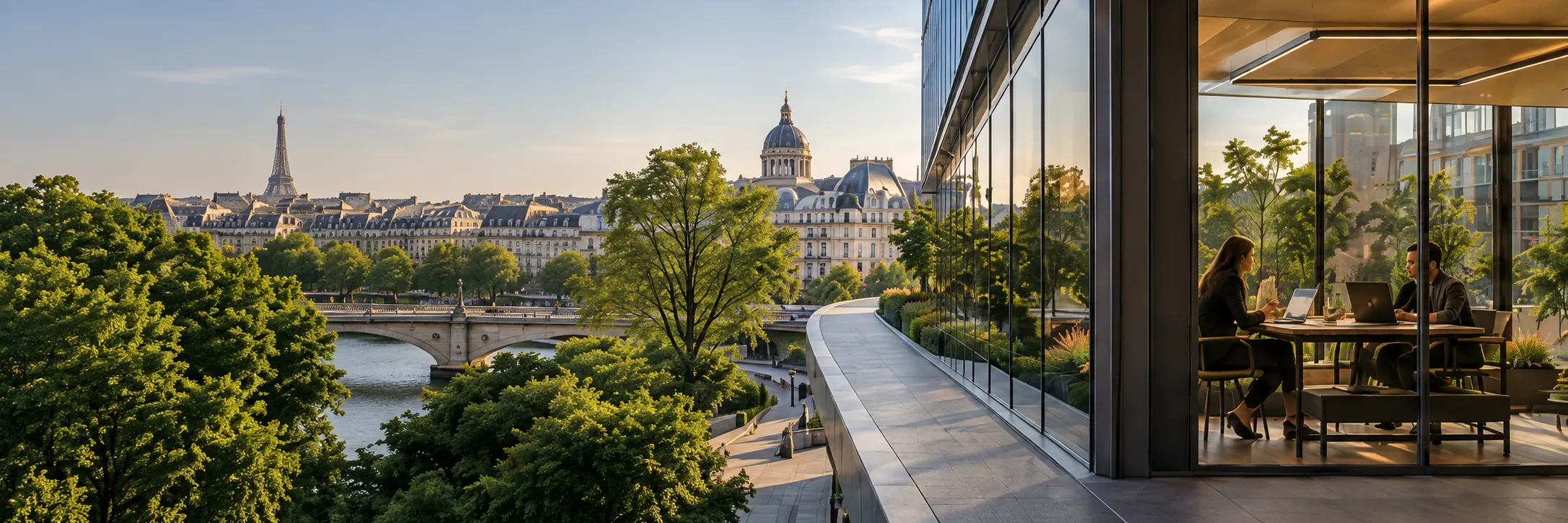 Vue illustrée sur Paris depuis une terrasse de bureaux contemporaine